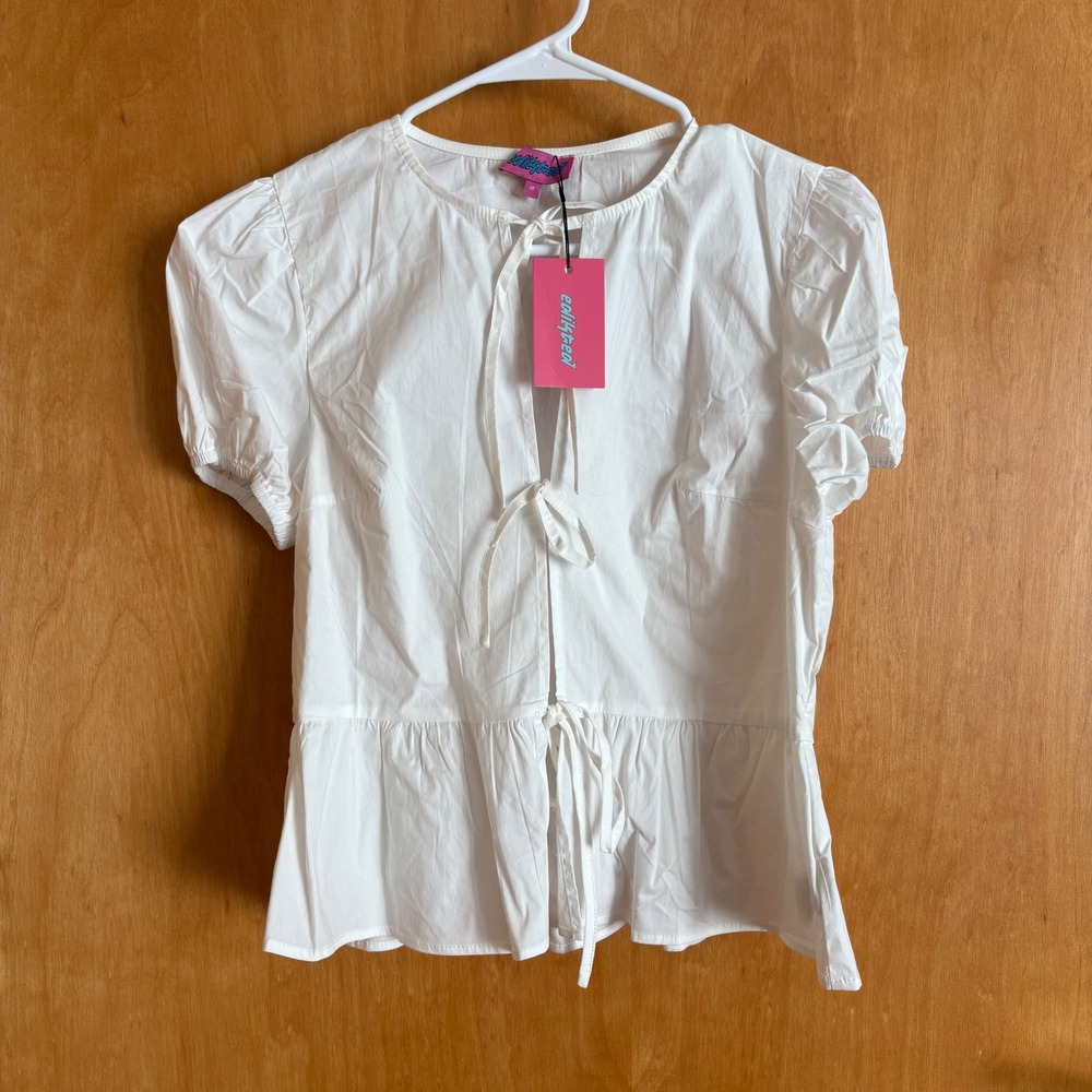Edikted White Tie-Front Peplum Top Short Sleeve Blouse Womens‎ Size M NEW